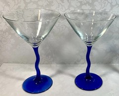 Set of 2 Hand Blown Libbey Courbe Martini Glasses Blue Zig Zag Stem