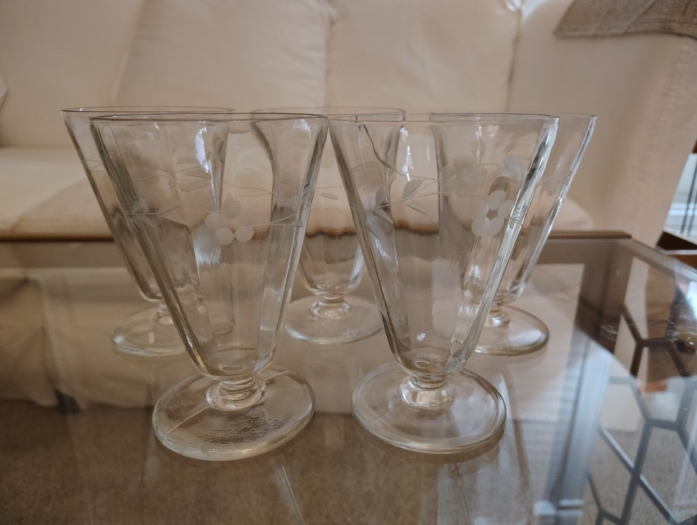 Vintage Set of 5 Tall Glass Footed Parfait Tumblers with Etched Floral