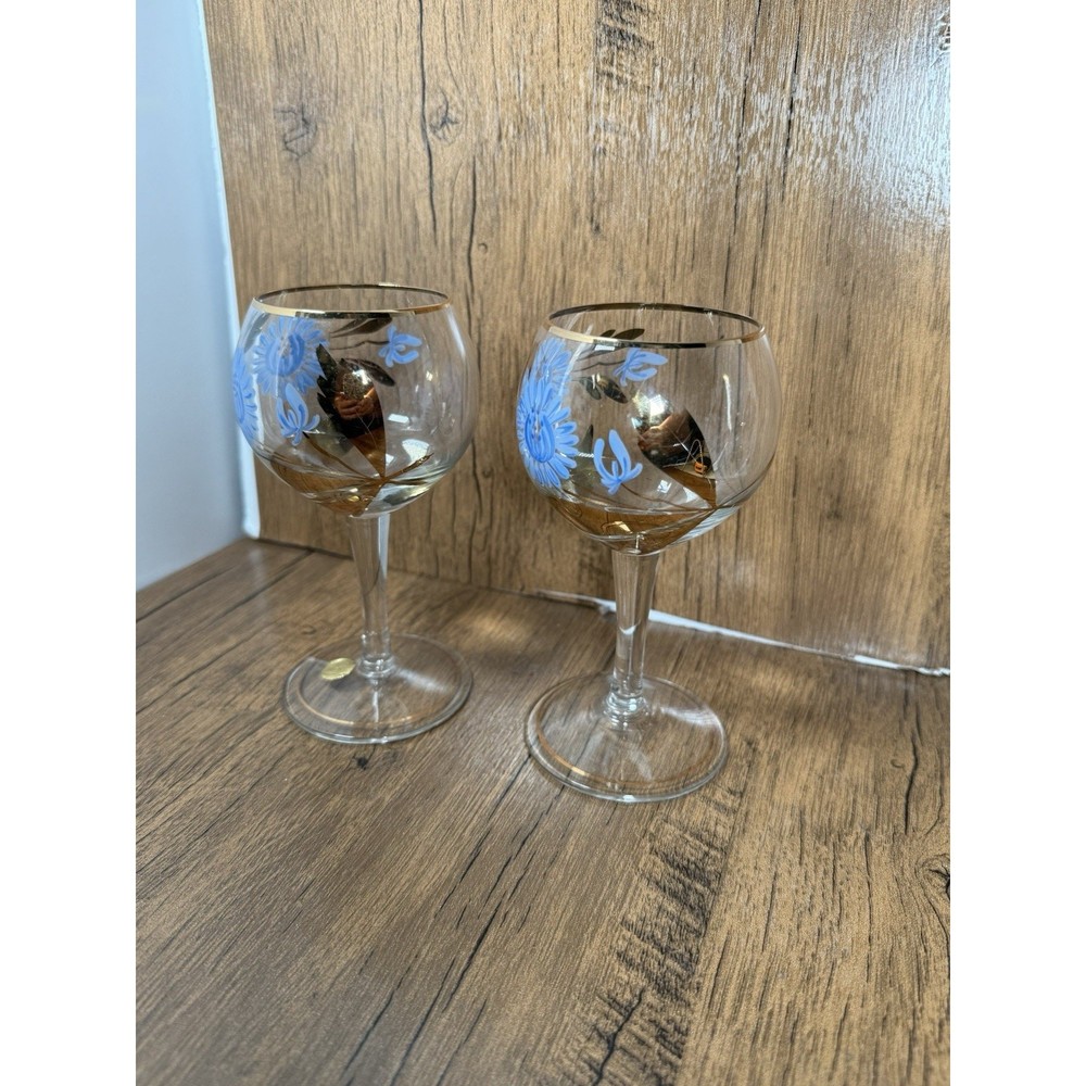 Vintage Romania Bohemian Hand-Painted Stemmed Glasses Pair Gold Blue