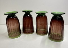 Set Of 4 Hand blown Purple Plum & Green Primitive Pedestal Bubble Glasses 5.75”