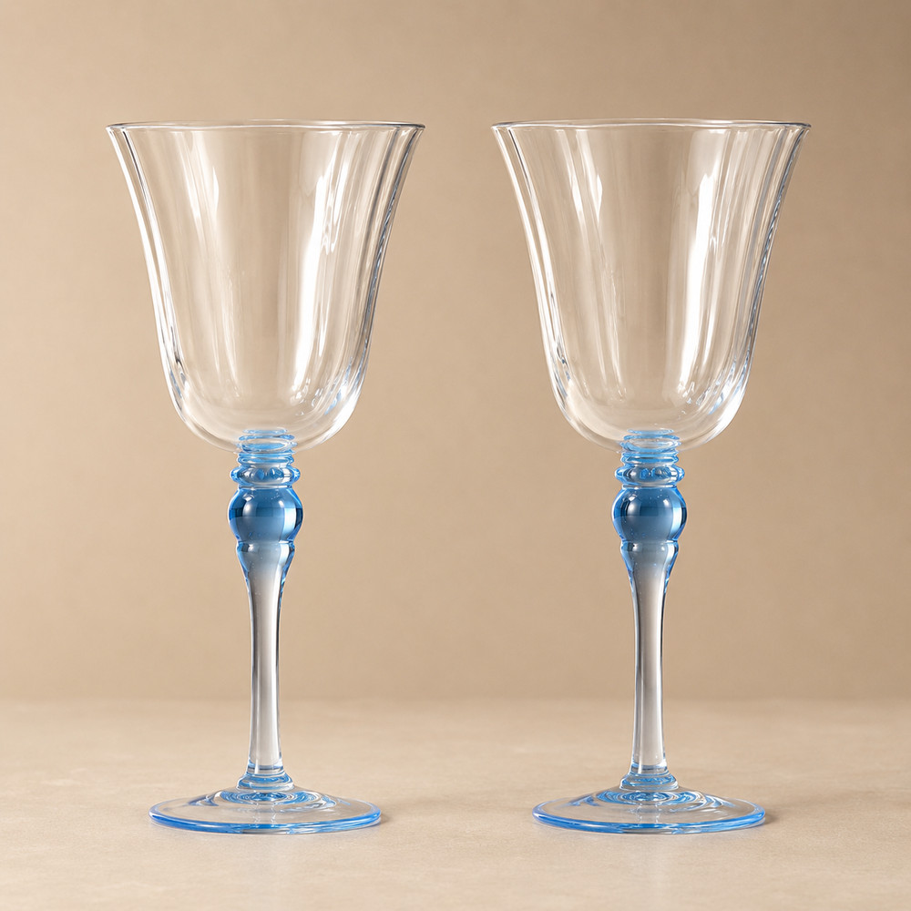 Block Crystal Melody Water Goblets Set of 2 Blue Stem Clear Glass