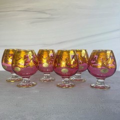 Vintage Italian Pink Glass Brandy Snifters Set of 6 Gold Gilt Made in Italy