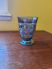Vintage Windsor Button & Cane Iridescent Blue Carnival Glass Tumbler Geometric