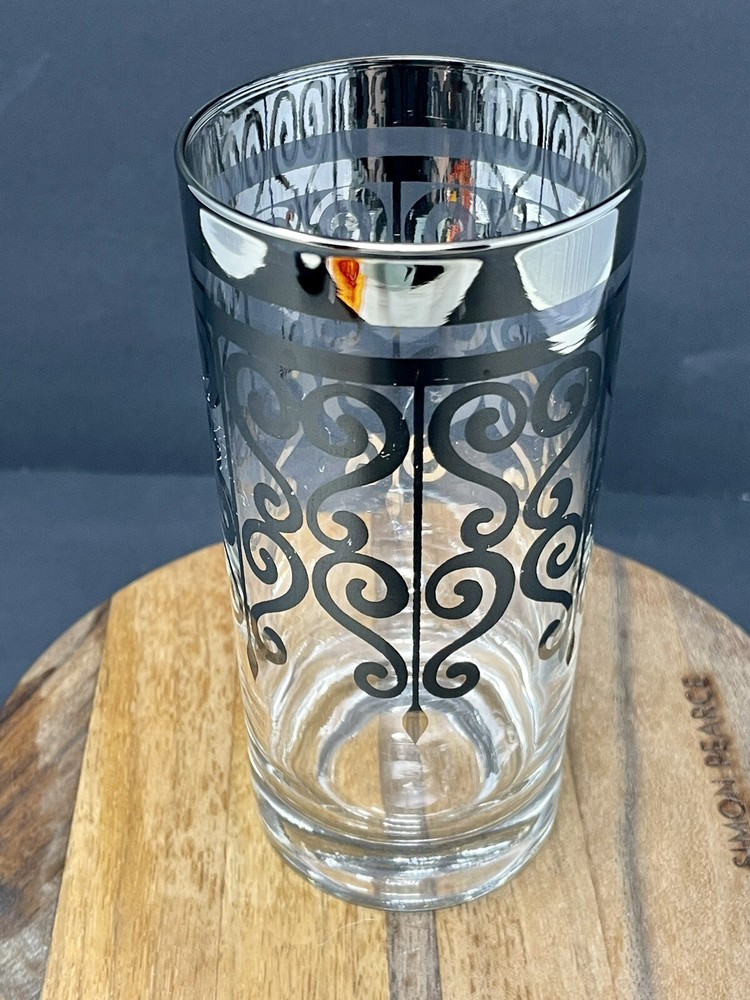 Vintage MCM Mid Century Scrolled Silver Rim Overlay Highball Glass