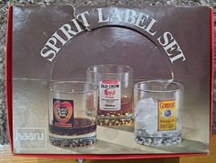 VINTAGE KAARU NZ SPIRIT LABEL SET 6 HOBNAIL GLASS TUMBLERS IN BOX. 260ml. EC