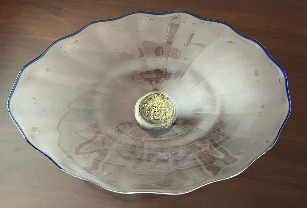 Union Street Art Glass, Large Bowl W Blue Rim, Signed Rare 20-3/4” Wide