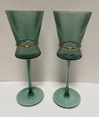 Crofton Ribbed Green Wine Glasses Goblets Gold Rim.