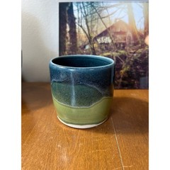 Studio Pottery SP Signed Ceramic Tumbler Teal Blue Green Reactive Glaze Cup 3.5″