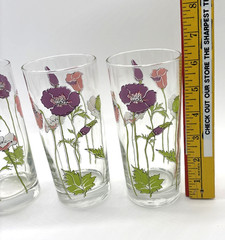 3 Signed CULVER Glassware 1960/1970’s Poppies Purple Pink White 14 Oz MCM