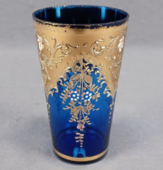 Bohemian Moser Type Hand Enameled Floral & Gold Scrollwork Cobalt Juice Glass C