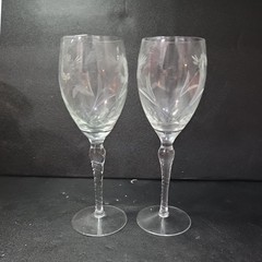 Lenox Style Sunflower Etched Crystal Goblets, Set of 2, Vintage Twisted Stem