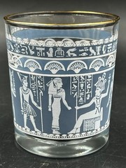 7 Vtg Hazel Atlas Blue & White Egyptian Hieroglyphs 3.5″ Low Highball Glasses