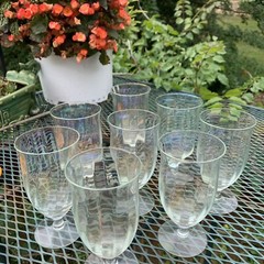 8 Vintage Iridescent Rainbow Optic Panel Stemmed Tulip Wine Glasses Goblets 6”