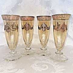 ARTE ITALICA MEDICI AMBER & GOLD FLUTED CHAMPAGNE GLASSES 3 SETS OF 4 AVAIL
