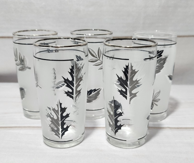 Vintage MCM Libbey Set of 5 Frosted Silver Leaf Juice Cocktail 4 Ounces
