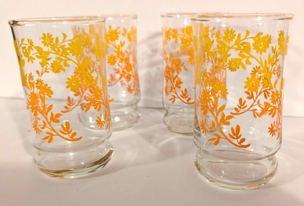 Vintage Orange Floral Juice Glasses Set of 4 Retro 1970s Drinking Glasses 4″