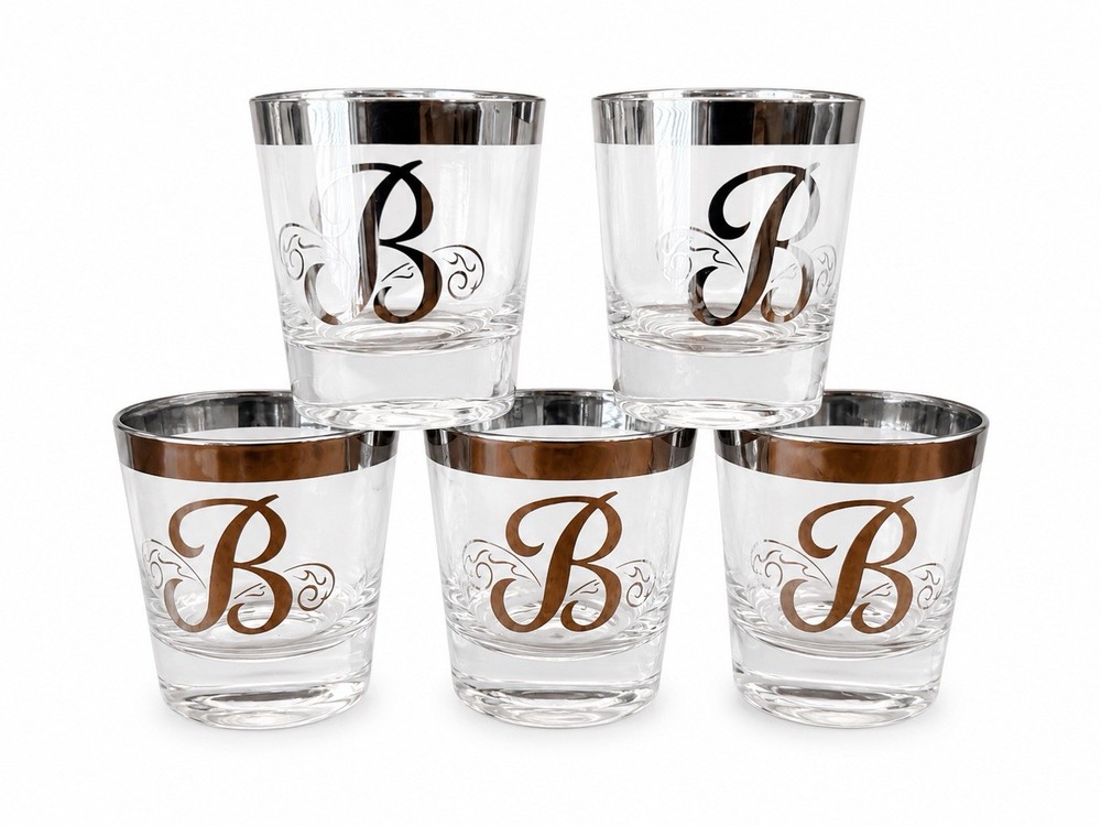Set Of 5 Short Cocktail Glasses 3.25” Tall Monogram “B” Dorothy Thorpe Glasses