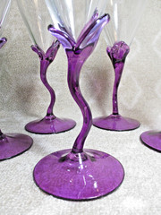 Set 5 Clear Wine Glasses with Purple Amethyst Tulip S- Shaped Stem Base