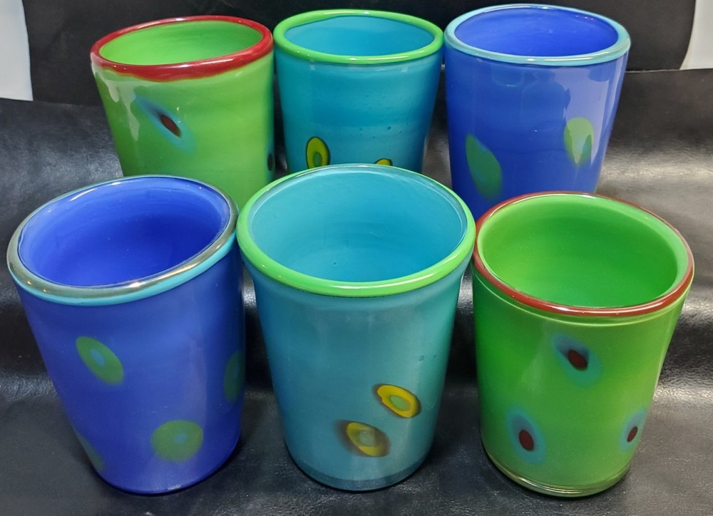 European Studio Art Glass Tumblers Set of 6 • 4–4.5″ • Polish Czech Vintage