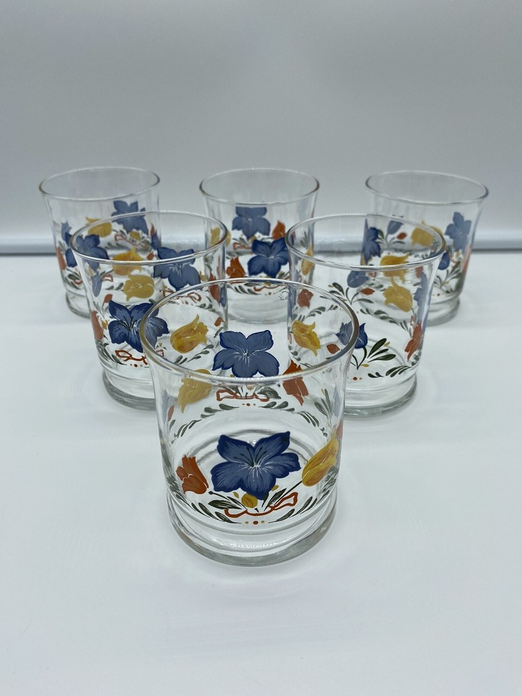 Set of 6 Libbey Floral Bouquet 3-1/2″ Tumblers 10 oz Blue Orange Yellow