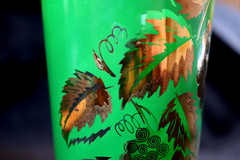 Vintage Tall Green Cocktail Tumbler Tea Glass with Gold Grapes Vine Accents