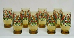 Anchor Hocking Glass Tumbler Amber Gold Hearts Blue Tulip Red Flowers Penn Dutch