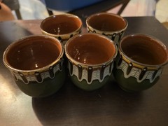 Set of 5 Art Pottery Ceramic Cups 5 oz Green Brown White Glossy Hand Painted