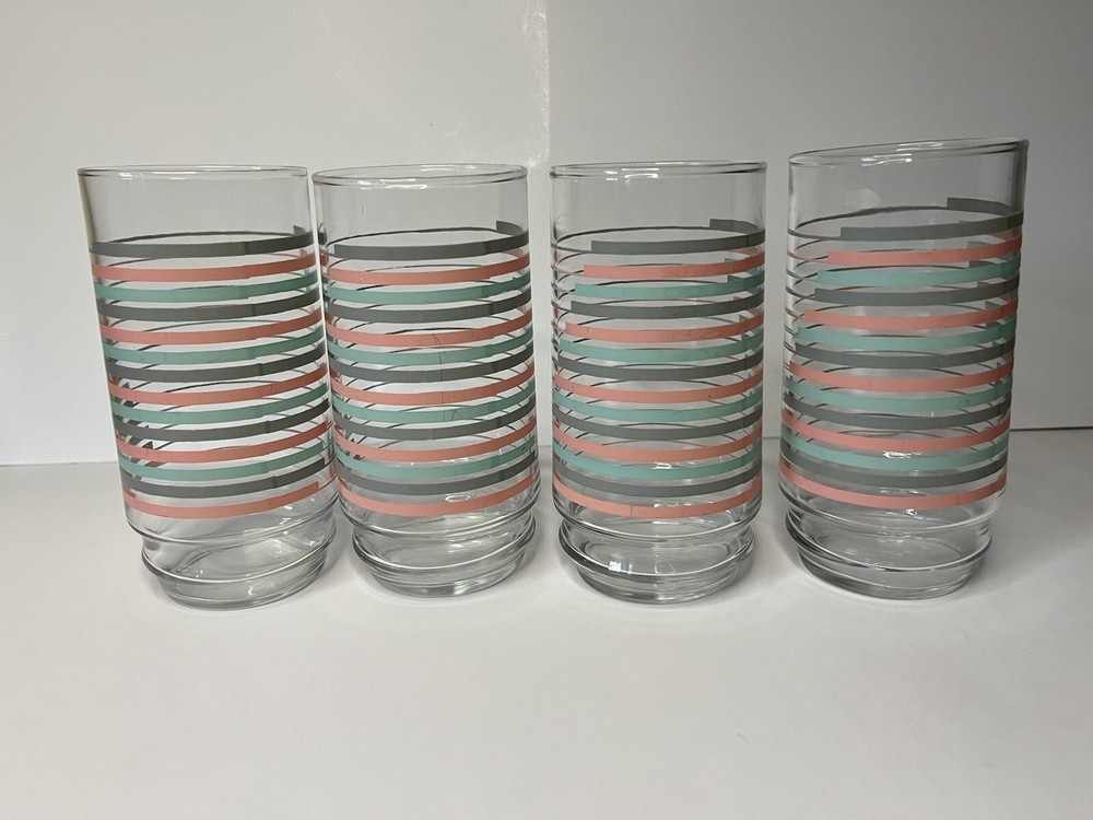 MCM Vintage Tumbler Glasses Set Teal Turquoise Grey Pink Striped Pattern