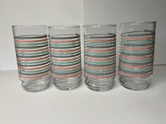 MCM Vintage Tumbler Glasses Set Teal Turquoise Grey Pink Striped Pattern