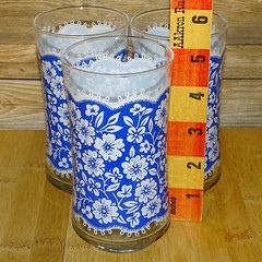 Vintage Lot of 3 Libbey 12 oz Blue Lace White Flowers Retro Tumbler Glass 5 1/4”