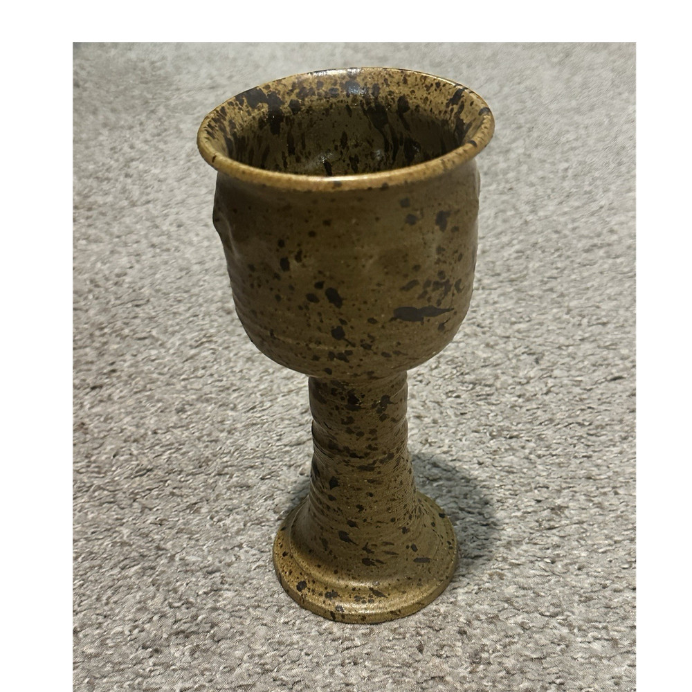 Speckled Brown/Black Ceramic Pottery Goblet, Signed, Incised Backstamp