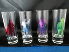 HALLOWEEN SET 4 SPOOKY SHOTGLASSES EXC DISPLAY ONLY! MUMMY FRANKY WITCH DRACULA