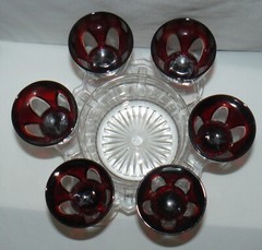 Set of 6 Wine Glasses W/ Glass Caddy Bowl Ruby Red Clear & Optic Stemmed