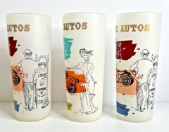 3 Frosted Antique Autos Hudson Packard Drinking Glasses Highball Tom Collins