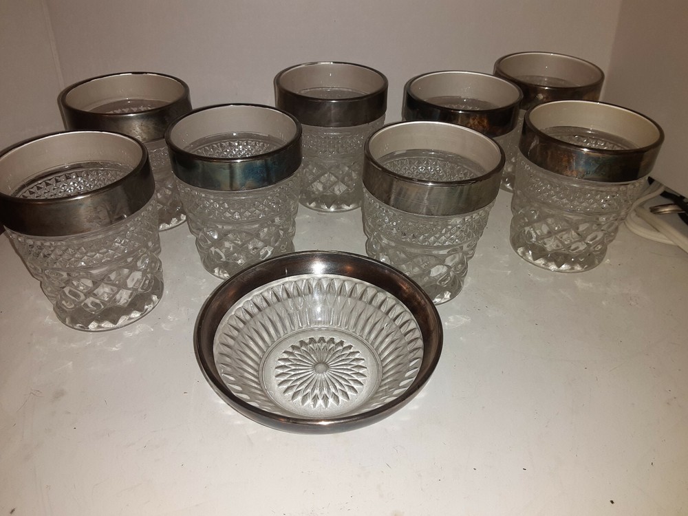 9 American Brilliant Cut Engraved Bowl & Tumblers Drinking Glass’s Silver Edging