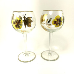 Hand Painted Gold Trim MCM Claret Wine Glass (2) Romanian Butterfly Yellow Pansy