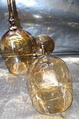 PAIR Amber Smoke Balloon Wine Goblets with Gold Fleck Stem {752}
