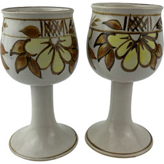 Studio Art Pottery Pedestal Goblets Chalice Wine Glasses Set of 2 Signed Vintage