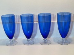 Set of 4 FRY 10 Blue Iced Tea 12oz Glasses Cobalt Bowl w/ Twist Stem & Base
