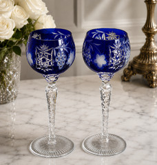 Vintage Pair Cobalt Blue Cut to Clear Crystal Wine Goblets Faceted Stem 8.25”