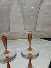 (2) Water Goblet Glasses 8-1/2″, Signed Steuben Pink Rose twist stem 3551 clear