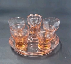 Vintage Pink Cordial Set, L. E. Smith Greenberg Glass Heart Center Handle 1930’s