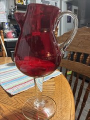 Carlo Moretti Red Murano Glass Cocktail Pitcher with Clear Footed Base + Handle