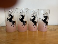 Set of four vintage Libbey frosted pink highball glasses horses 22K Gold Accents
