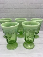 Set Of 5 Mosser Glass “Cherry & Cable” Green Opalescent Footed Goblets