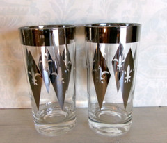 4 MID CENTURY Highball BAR GLASSES Silver FLEUR DE LIS DIAMOND Pattern MCM