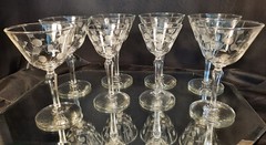 Set of 8 Cool 1955 MCM Cut Glass «Carlton Dots» 6 Wine, 2 Aperitif Glasses