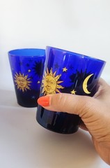 Vintage Libbey Cobalt Blue Celestial Sun Moon Stars 2 Glasses Made In USA 4.5″