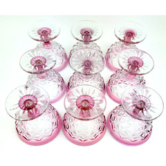 Vintage Indiana Glass Diamond Ruby Rim Fruit Dessert Pedestal Dish Set of 9
