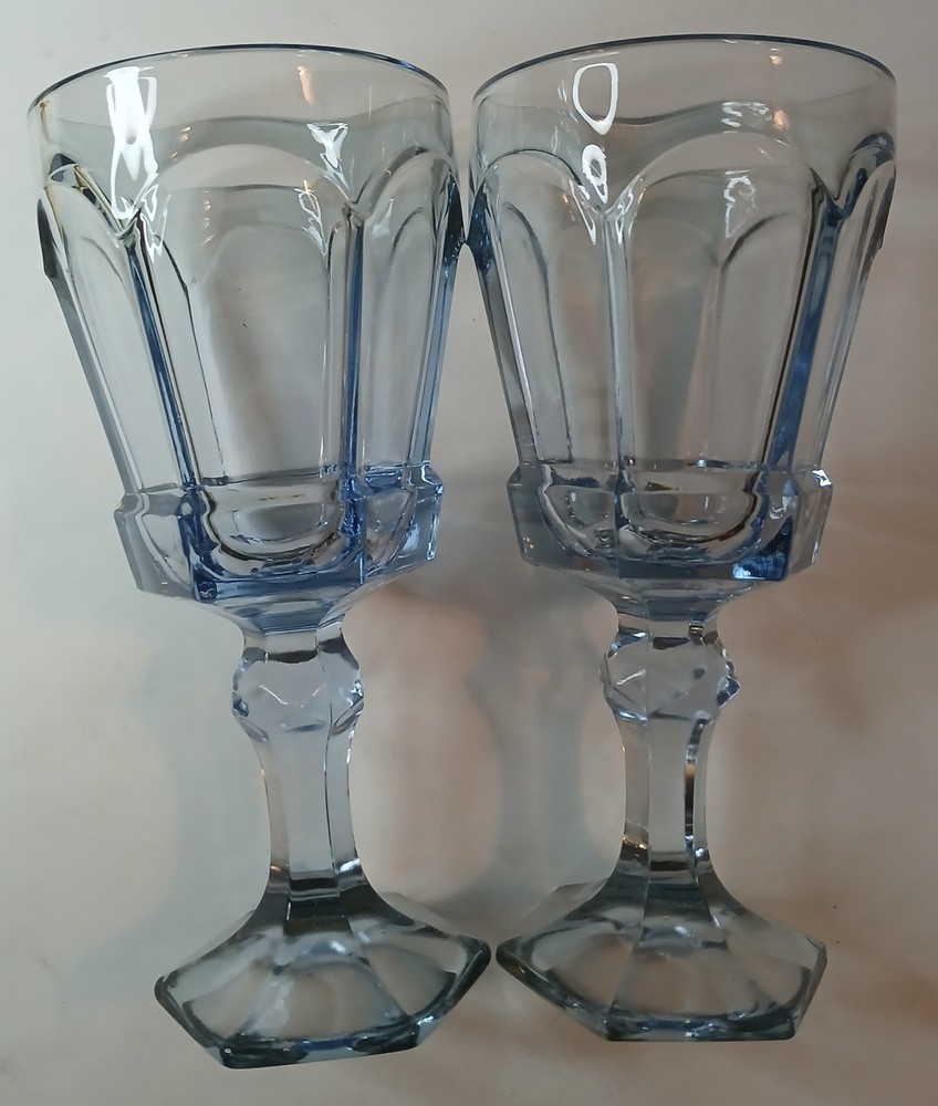 2 x Vintage Fostoria Pastel Pale Blue Wine Glasses Goblets Footed Pedestal